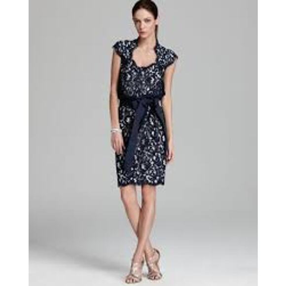 Tadashi Shoji Lace Cocktail Dress Navy Cap Sleeve Tie Waist Event Women 2 - Picture 1 of 13